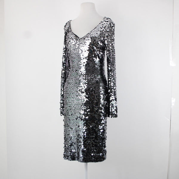 St John Sz 2 Silver Spangles Over Black Lined V Neck Polyester Silk Dress