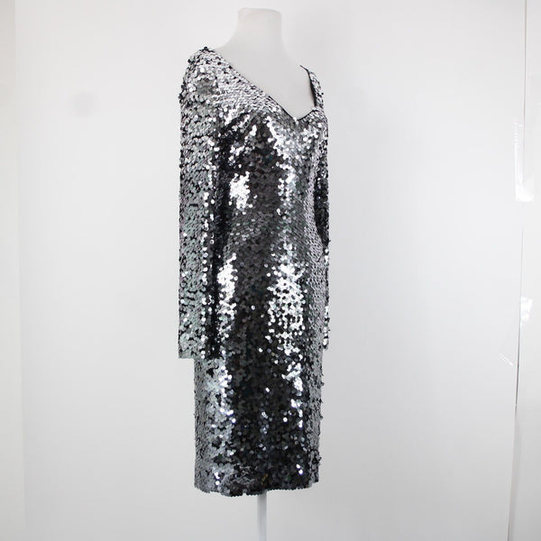 St John Sz 2 Silver Spangles Over Black Lined V Neck Polyester Silk Dress