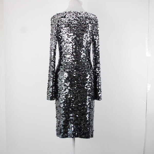 St John Sz 2 Silver Spangles Over Black Lined V Neck Polyester Silk Dress