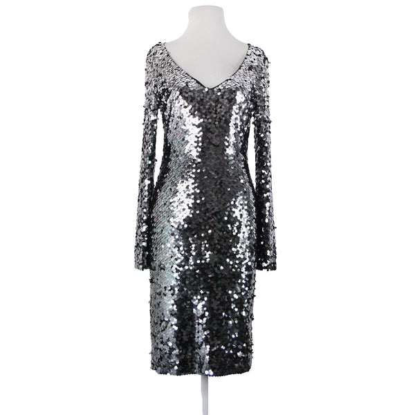 St John Sz 2 Silver Spangles Over Black Lined V Neck Polyester Silk Dress