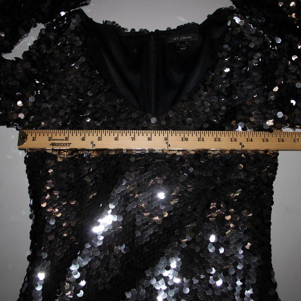 St John Sz 2 Silver Spangles Over Black Lined V Neck Polyester Silk Dress