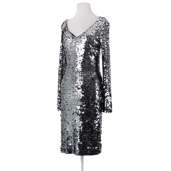 St John Sz 2 Silver Spangles Over Black Lined V Neck Polyester Silk Dress
