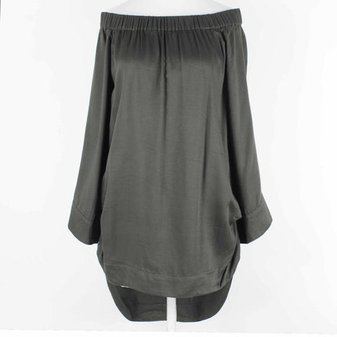 One X Teaspoon NEW $130 Sz S Olive Off Shoulder Ruched Viscose Woven Dress