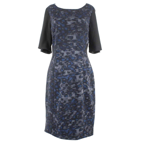 Tahari Metropolis NEW $198 Sz 12 Black Blue Gray Lined Poly Blend Dress