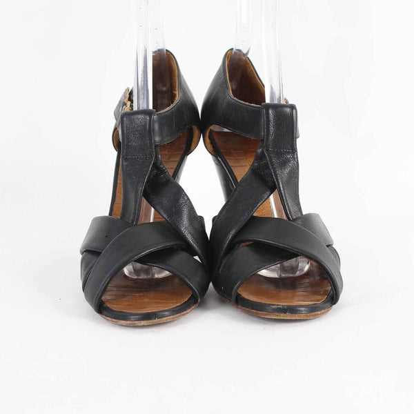 Chie Mihara Sz 39.5 Black Strappy 4" Cone Heel Genuine Leather Heels