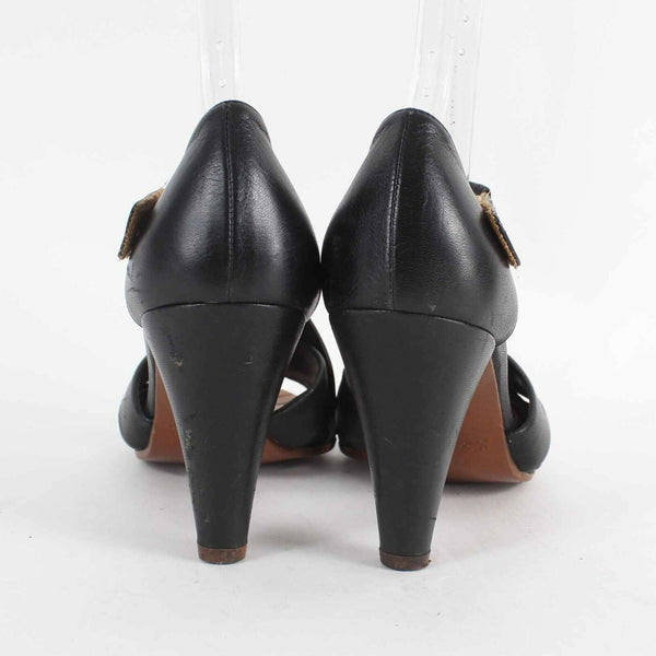 Chie Mihara Sz 39.5 Black Strappy 4" Cone Heel Genuine Leather Heels