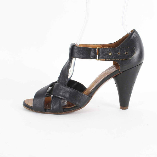 Chie Mihara Sz 39.5 Black Strappy 4" Cone Heel Genuine Leather Heels