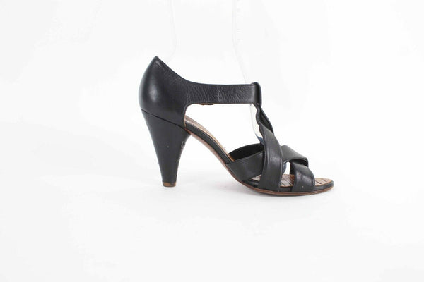 Chie Mihara Sz 39.5 Black Strappy 4" Cone Heel Genuine Leather Heels