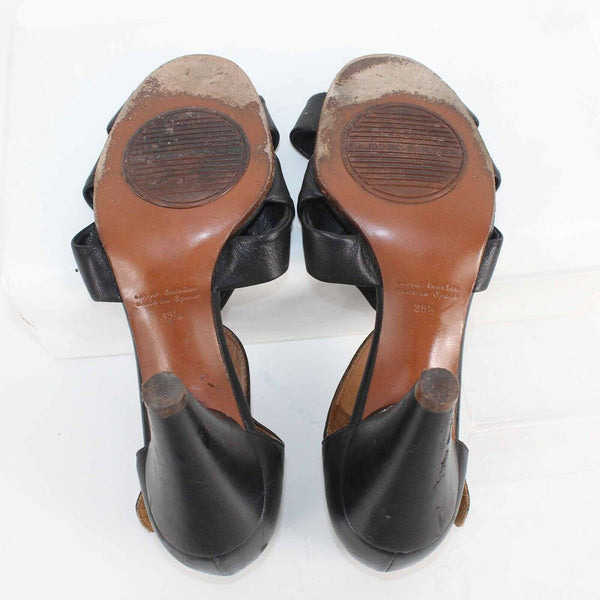 Chie Mihara Sz 39.5 Black Strappy 4" Cone Heel Genuine Leather Heels