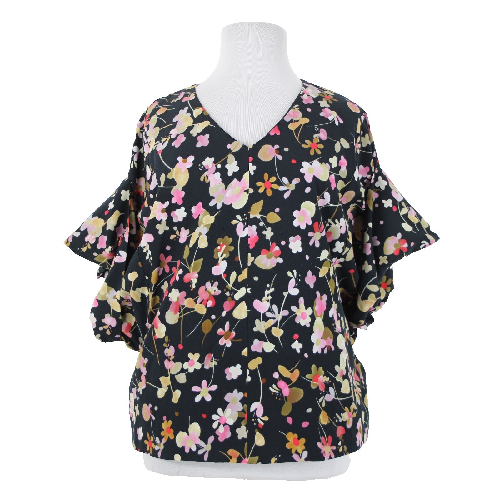 Cabi Sz XL Navy Multi Floral Flowy Short Dolman Sleeve Lined Polyester Top