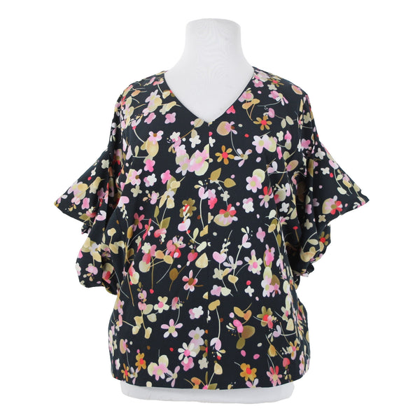 Cabi Sz XL Navy Multi Floral Flowy Short Dolman Sleeve Lined Polyester Top