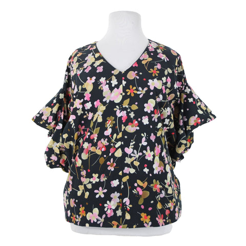 Cabi Sz XL Navy Multi Floral Flowy Short Dolman Sleeve Lined Polyester Top