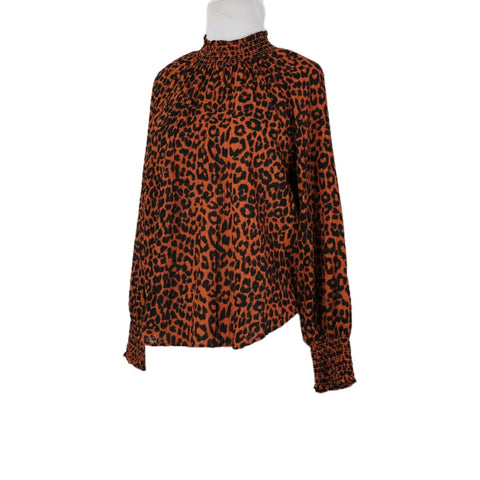 Loft NEW Sz S Petite Orange Black Animal Print Collared 100% Polyester Top