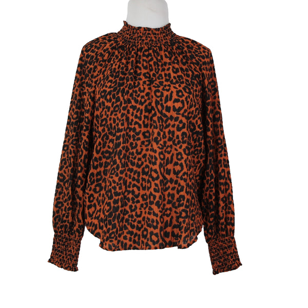 Loft NEW Sz S Petite Orange Black Animal Print Collared 100% Polyester Top
