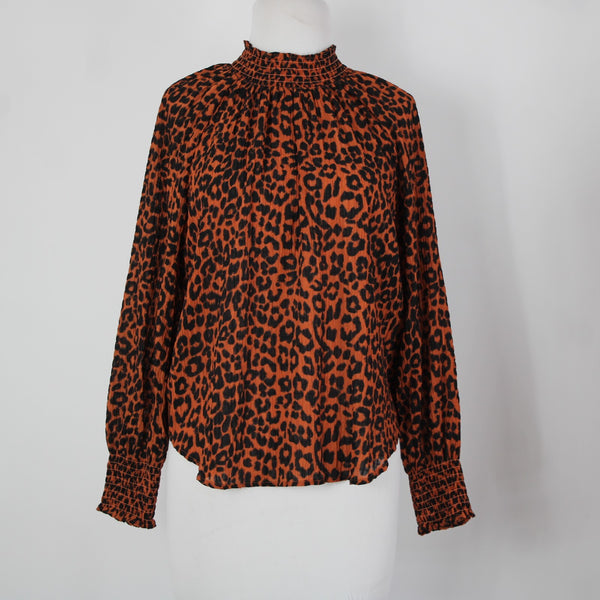 Loft NEW Sz S Petite Orange Black Animal Print Collared 100% Polyester Top