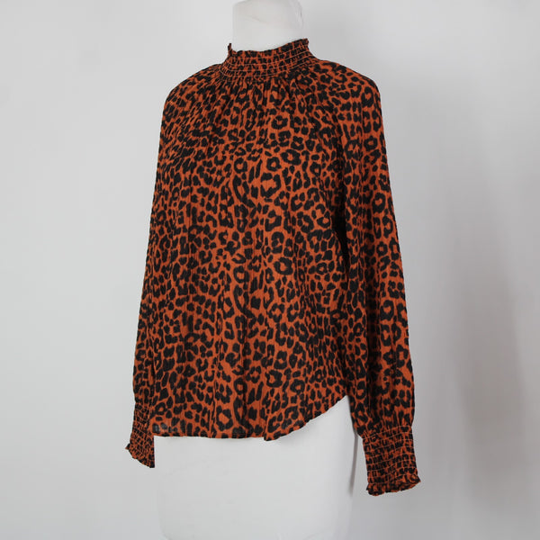 Loft NEW Sz S Petite Orange Black Animal Print Collared 100% Polyester Top