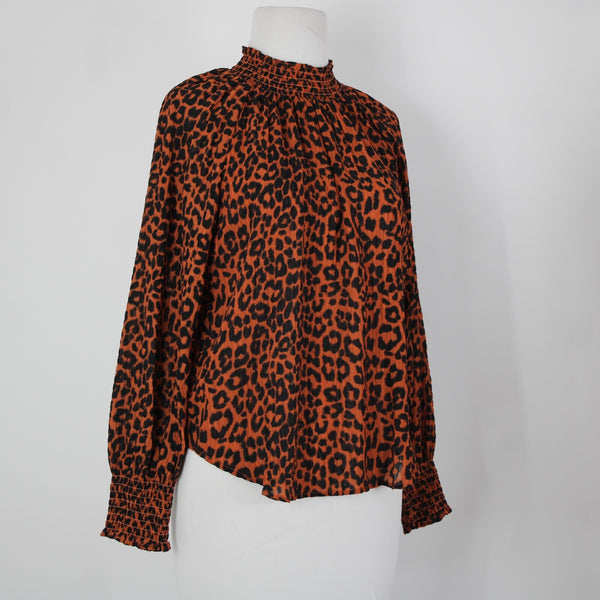 Loft NEW Sz S Petite Orange Black Animal Print Collared 100% Polyester Top