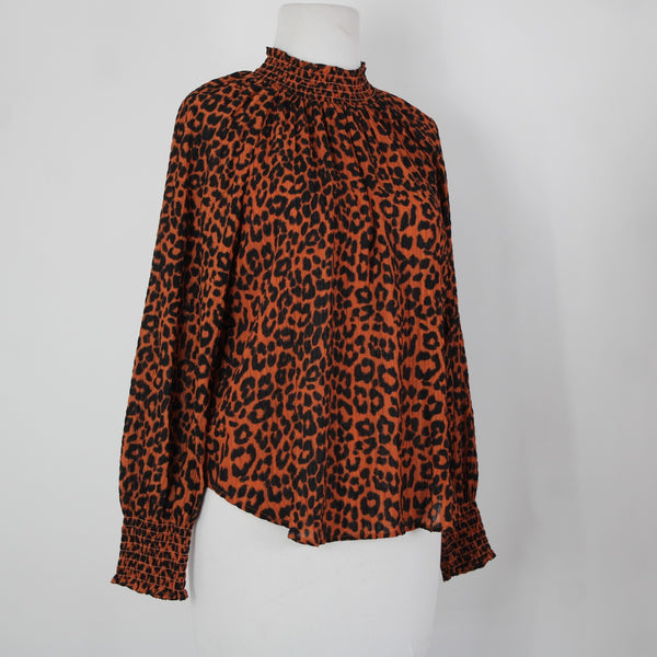 Loft NEW Sz S Petite Orange Black Animal Print Collared 100% Polyester Top