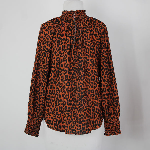 Loft NEW Sz S Petite Orange Black Animal Print Collared 100% Polyester Top