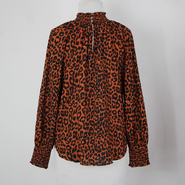 Loft NEW Sz S Petite Orange Black Animal Print Collared 100% Polyester Top