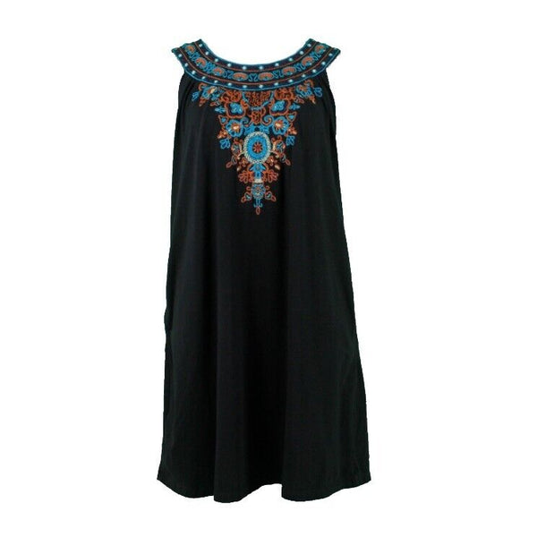 Industrie B Sz M Black Multi Embroidered Side Pockets Cotton Blend Knit Dress
