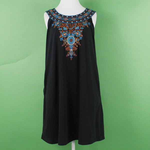 Industrie B Sz M Black Multi Embroidered Side Pockets Cotton Blend Knit Dress