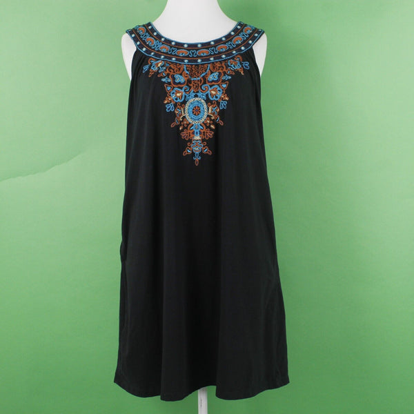 Industrie B Sz M Black Multi Embroidered Side Pockets Cotton Blend Knit Dress