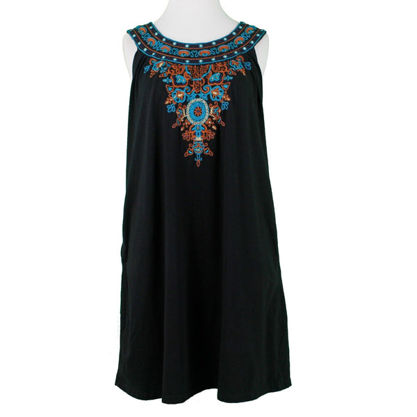 Industrie B Sz M Black Multi Embroidered Side Pockets Cotton Blend Knit Dress