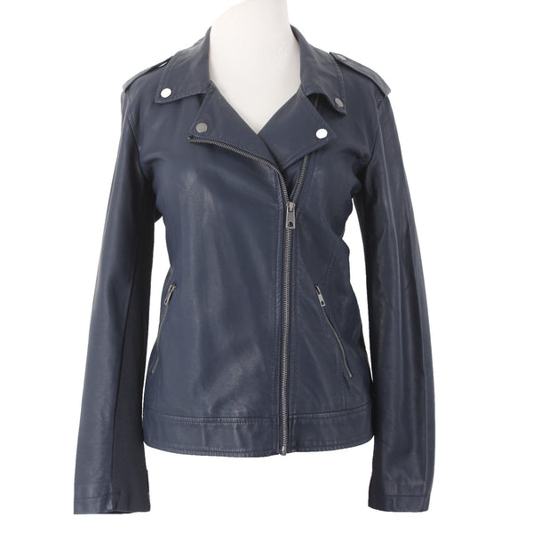 Style Co Jacket $90 Sz S Industrial Blue Collared Pockets Faux Leather Polyester