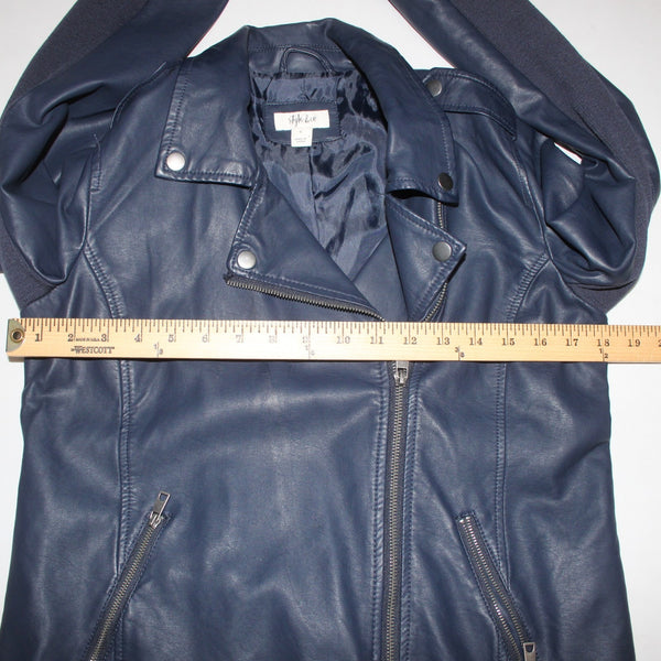 Style Co Jacket $90 Sz S Industrial Blue Collared Pockets Faux Leather Polyester