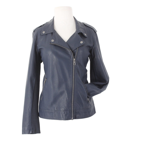 Style Co Jacket $90 Sz S Industrial Blue Collared Pockets Faux Leather Polyester