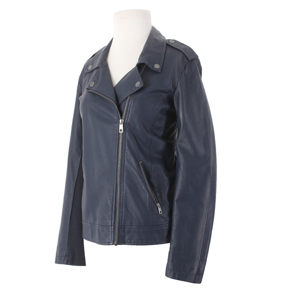 Style Co Jacket $90 Sz S Industrial Blue Collared Pockets Faux Leather Polyester