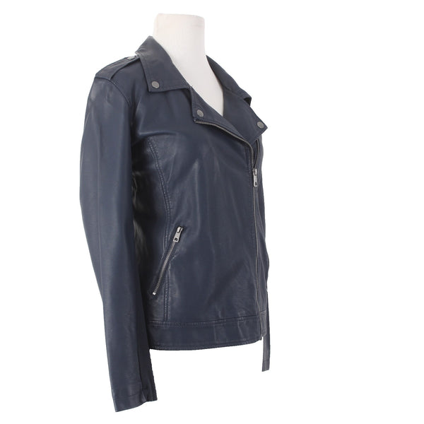 Style Co Jacket $90 Sz S Industrial Blue Collared Pockets Faux Leather Polyester