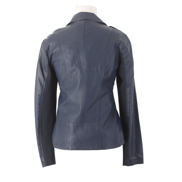 Style Co Jacket $90 Sz S Industrial Blue Collared Pockets Faux Leather Polyester