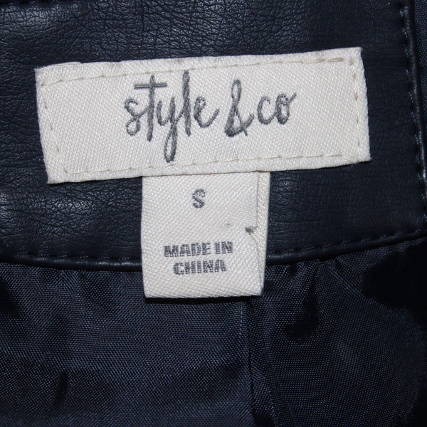 Style Co Jacket $90 Sz S Industrial Blue Collared Pockets Faux Leather Polyester