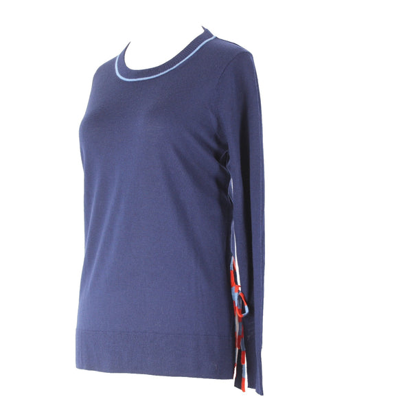 J Crew Sz S Navy Blue Red Lt Blue Tie Detail Crew Neck Fine Merino Wool Sweater