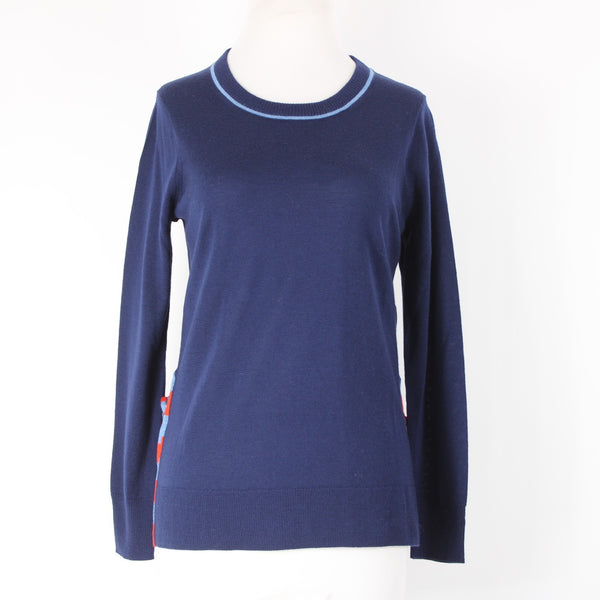 J Crew Sz S Navy Blue Red Lt Blue Tie Detail Crew Neck Fine Merino Wool Sweater
