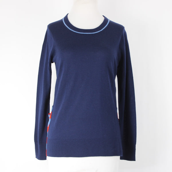 J Crew Sz S Navy Blue Red Lt Blue Tie Detail Crew Neck Fine Merino Wool Sweater