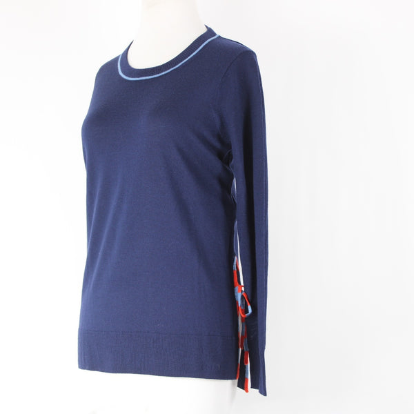 J Crew Sz S Navy Blue Red Lt Blue Tie Detail Crew Neck Fine Merino Wool Sweater