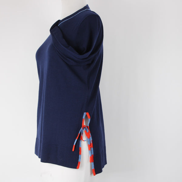 J Crew Sz S Navy Blue Red Lt Blue Tie Detail Crew Neck Fine Merino Wool Sweater