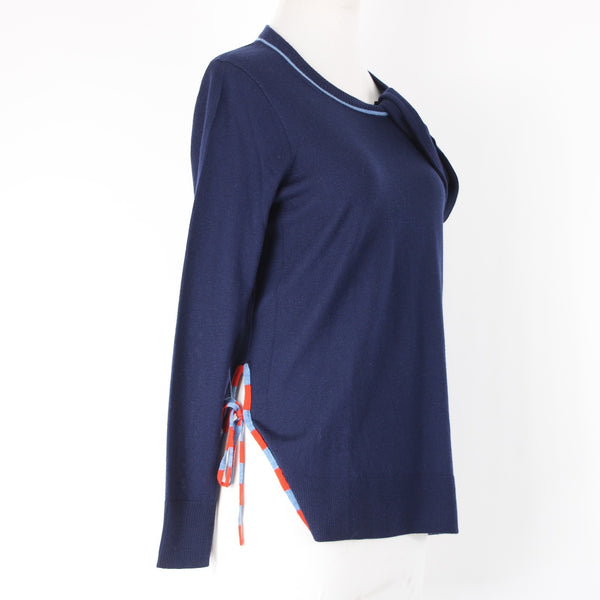 J Crew Sz S Navy Blue Red Lt Blue Tie Detail Crew Neck Fine Merino Wool Sweater