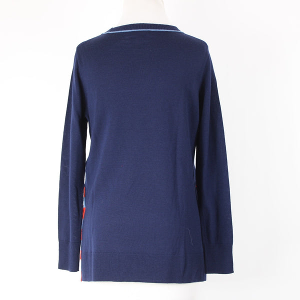 J Crew Sz S Navy Blue Red Lt Blue Tie Detail Crew Neck Fine Merino Wool Sweater