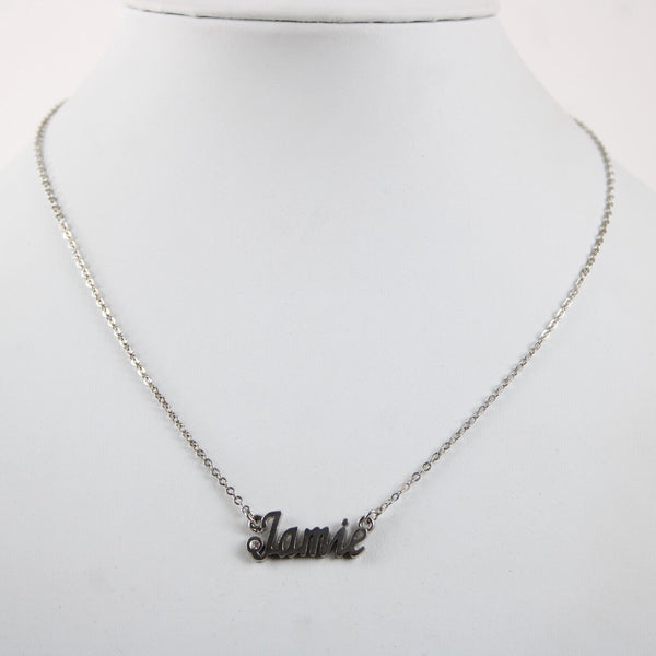 JAMIE NEW Name Silvertone Rhinestone 14.5" w 4.5" Multi Ring Ext Necklace