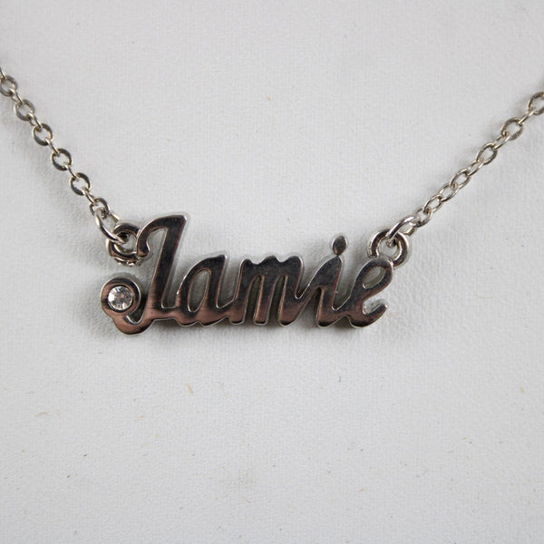 JAMIE NEW Name Silvertone Rhinestone 14.5" w 4.5" Multi Ring Ext Necklace