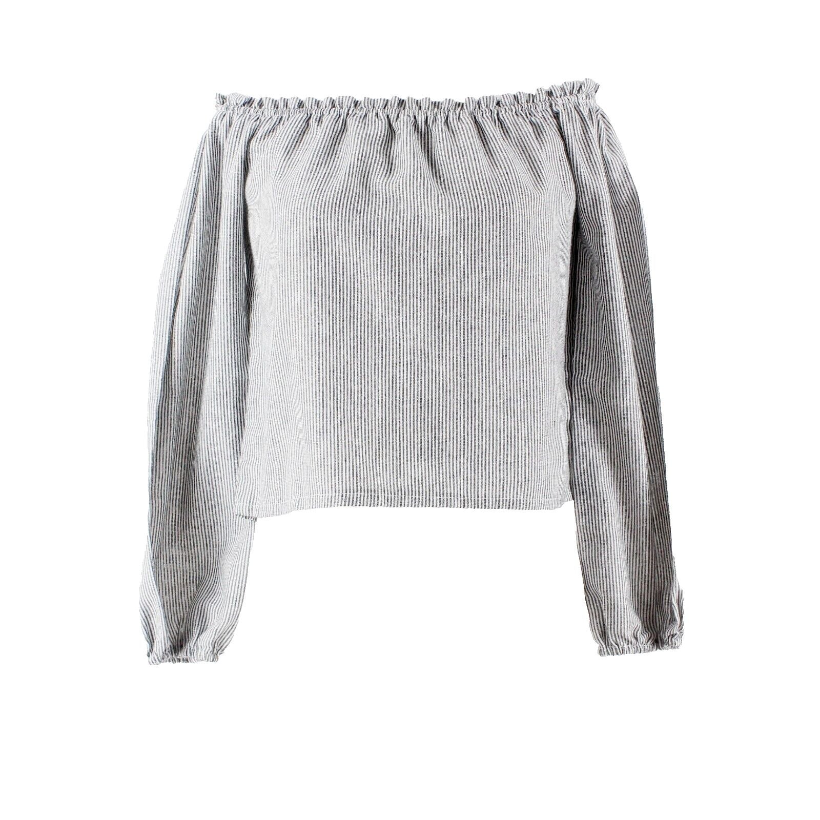 Brandy Melville Sz S Charcoal White Stripe Off Shoulder Elastic Cuff Cotton Top