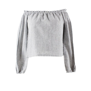 Brandy Melville Sz S Charcoal White Stripe Off Shoulder Elastic Cuff Cotton Top