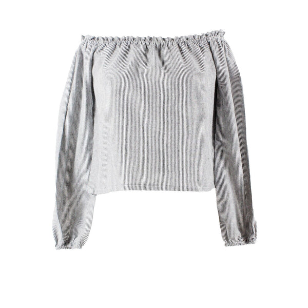 Brandy Melville Sz S Charcoal White Stripe Off Shoulder Elastic Cuff Cotton Top