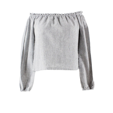 Brandy Melville Sz S Charcoal White Stripe Off Shoulder Elastic Cuff Cotton Top
