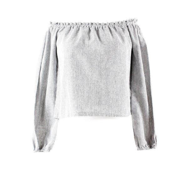 Brandy Melville Sz S Charcoal White Stripe Off Shoulder Elastic Cuff Cotton Top