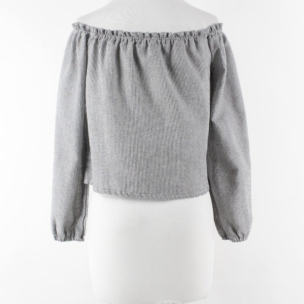 Brandy Melville Sz S Charcoal White Stripe Off Shoulder Elastic Cuff Cotton Top